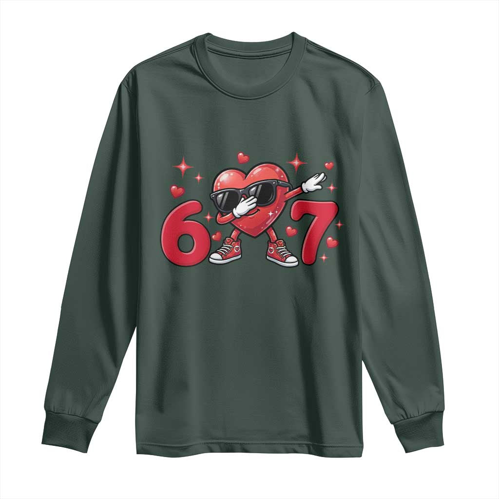 Funny Six Seven 67 Valentines Dabbing Heart Long Sleeve Shirt TS11 Dark Forest Green Print Your Wear