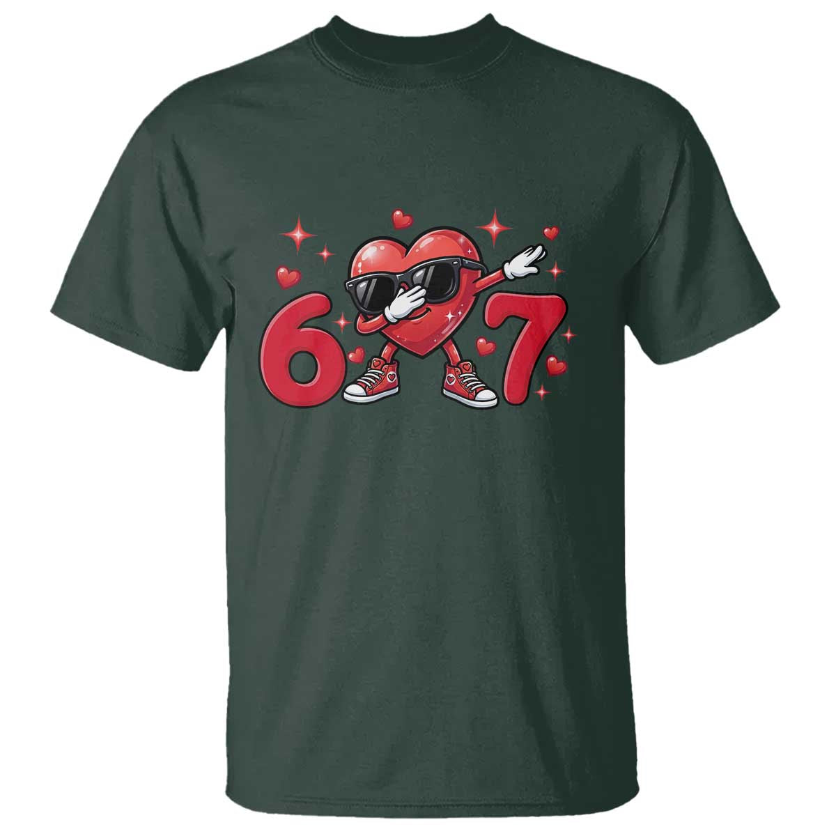 Funny Six Seven 67 Valentines Dabbing Heart T Shirt TS11 Dark Forest Green Print Your Wear