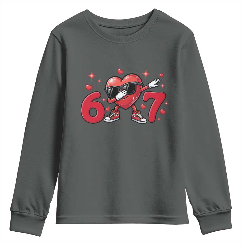Funny Six Seven 67 Valentines Dabbing Heart Youth Sweatshirt TS11 Dark Heather Print Your Wear