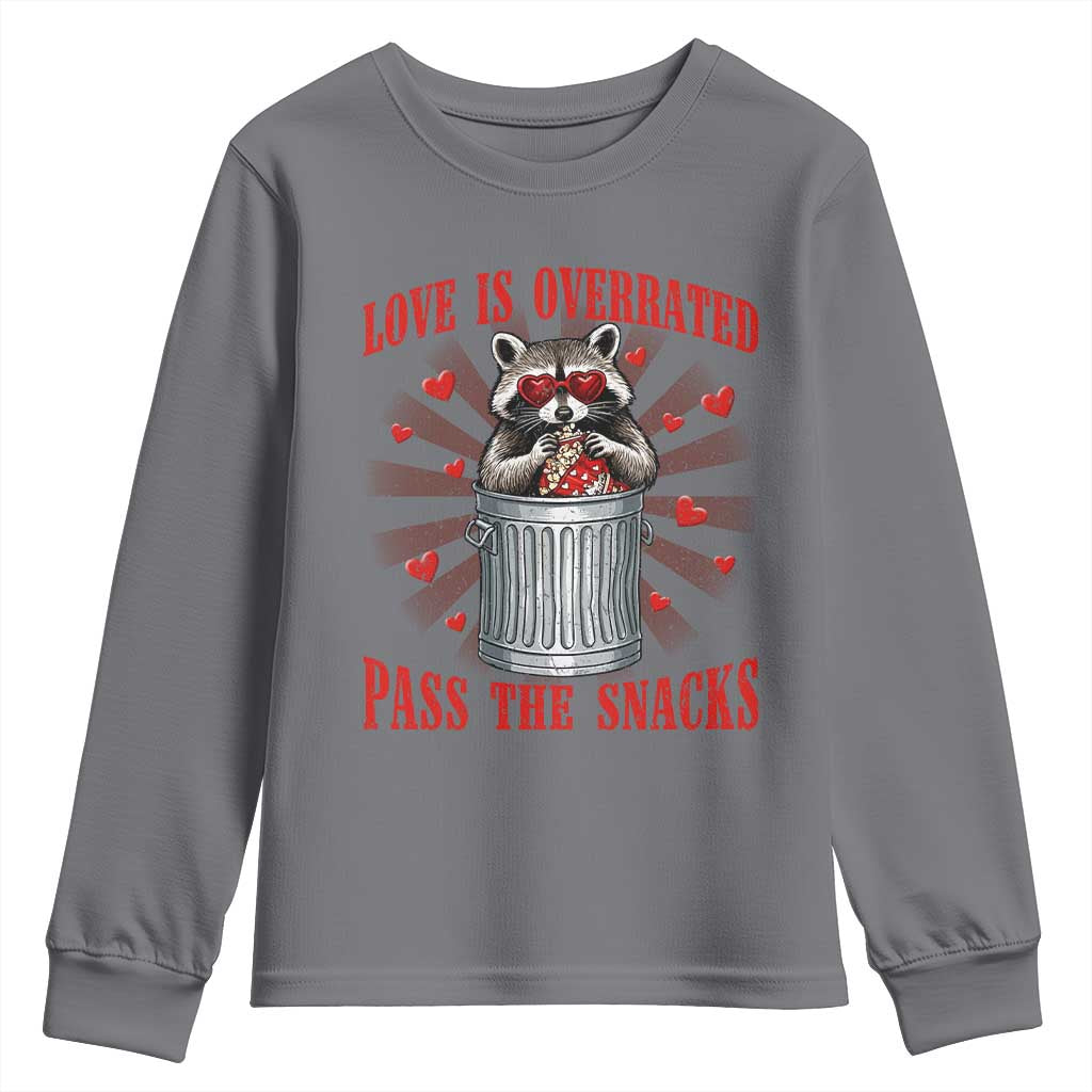 Funny Raccoon Valentine Youth Sweatshirt Love Is Overrated Pass The Snacks TS11 Charcoal Print Your Wear