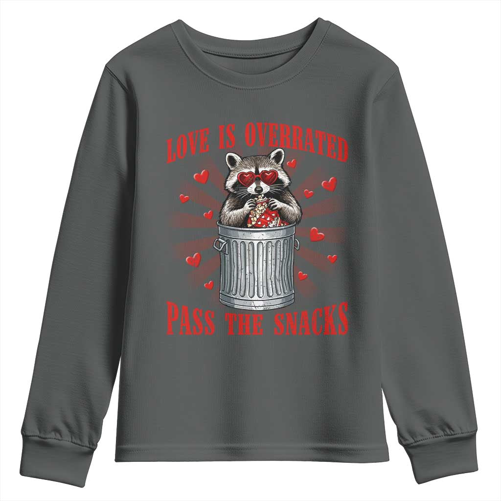 Funny Raccoon Valentine Youth Sweatshirt Love Is Overrated Pass The Snacks TS11 Dark Heather Print Your Wear