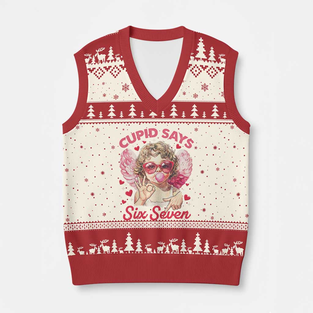 Funny 67 Valentines Day V-Neck Knit Sweater Vest Cupid Say Six Seven 67 Meme TS11 Beige Red Print Your Wear
