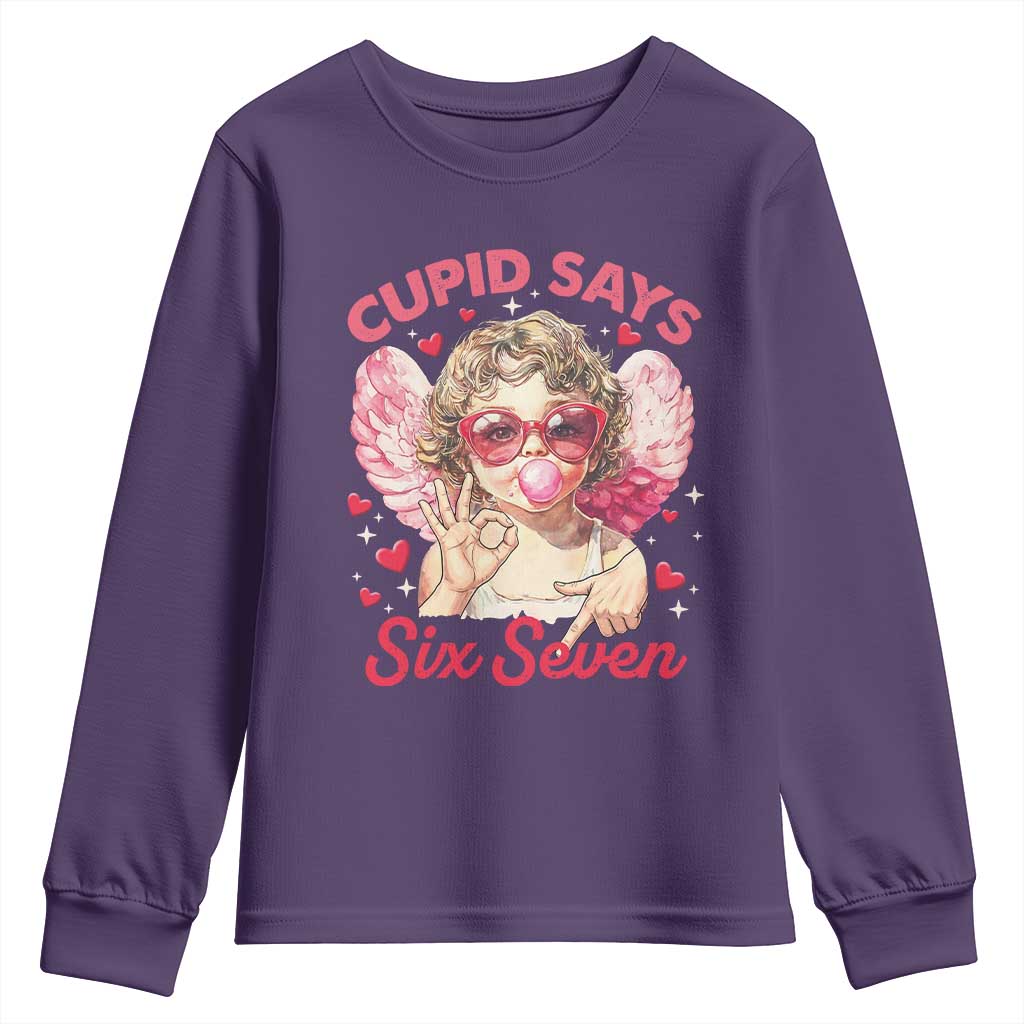 Funny 67 Valentines Day Youth Sweatshirt Cupid Say Six Seven 67 Meme TS11 Purple Print Your Wear