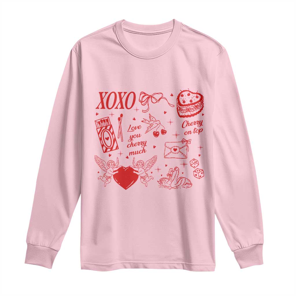 Xoxo Valentines Day Long Sleeve Shirt Love You Cherry Much Vintage Coquette TS11 Light Pink Print Your Wear