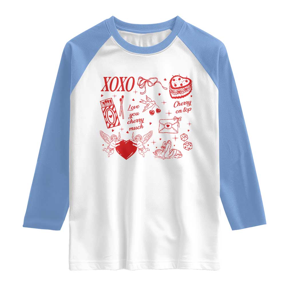 Xoxo Valentines Day Raglan Shirt Love You Cherry Much Vintage Coquette TS11 White Carolina Blue Print Your Wear