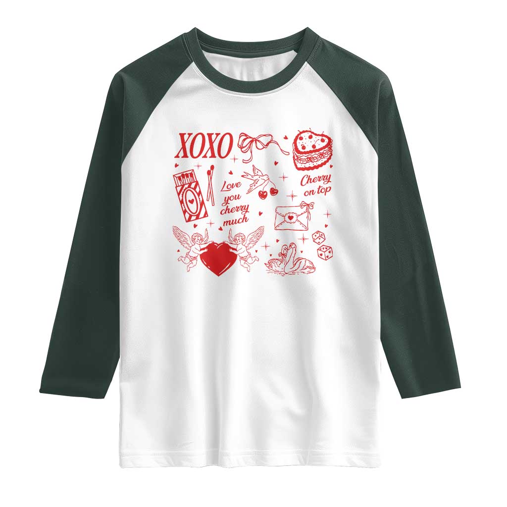 Xoxo Valentines Day Raglan Shirt Love You Cherry Much Vintage Coquette TS11 White Dark Forest Green Print Your Wear