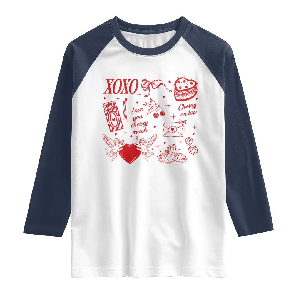 Xoxo Valentines Day Raglan Shirt Love You Cherry Much Vintage Coquette TS11 White Navy Print Your Wear