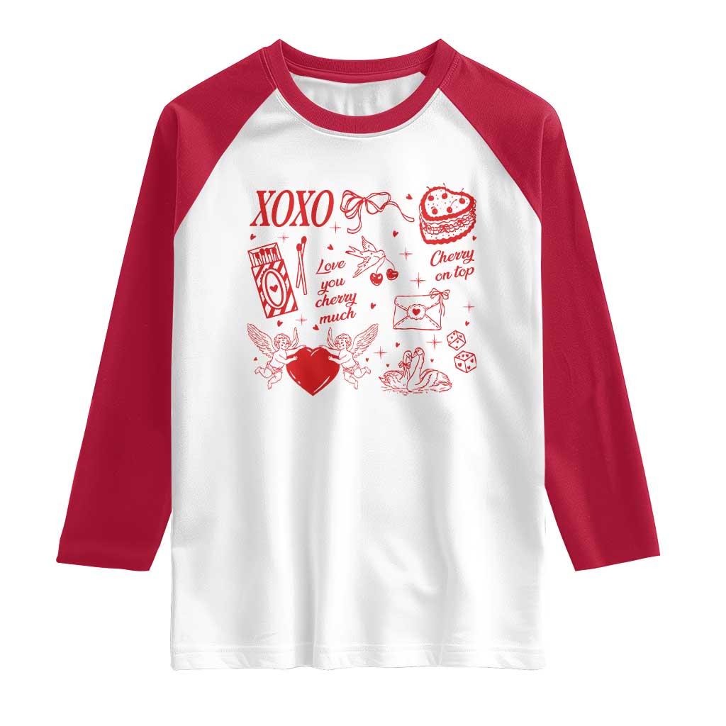 Xoxo Valentines Day Raglan Shirt Love You Cherry Much Vintage Coquette TS11 White Red Print Your Wear