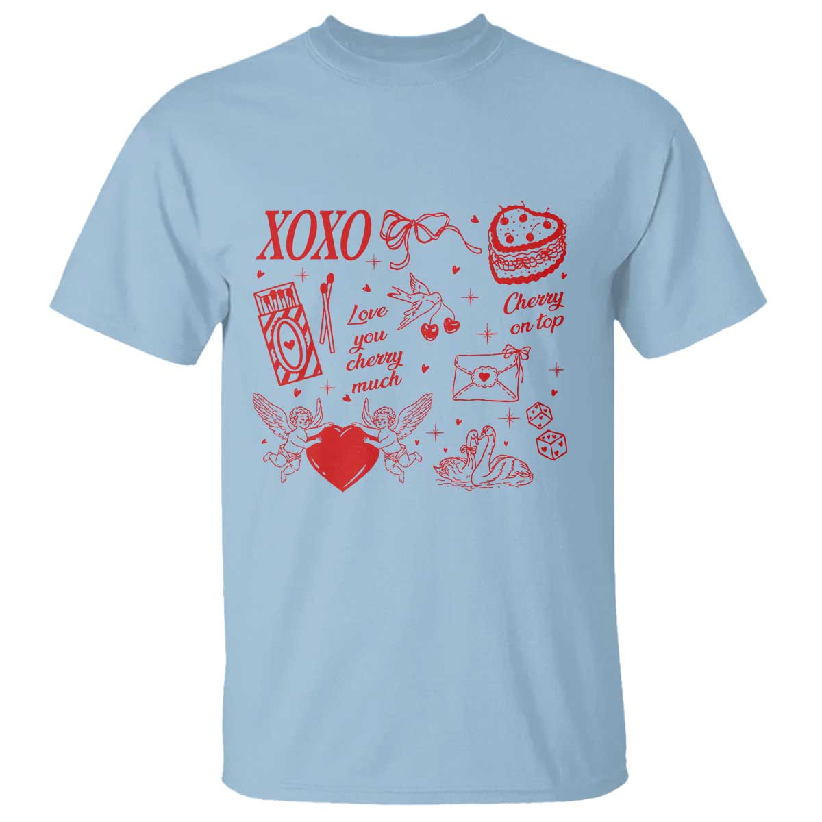 Xoxo Valentines Day T Shirt Love You Cherry Much Vintage Coquette TS11 Light Blue Print Your Wear