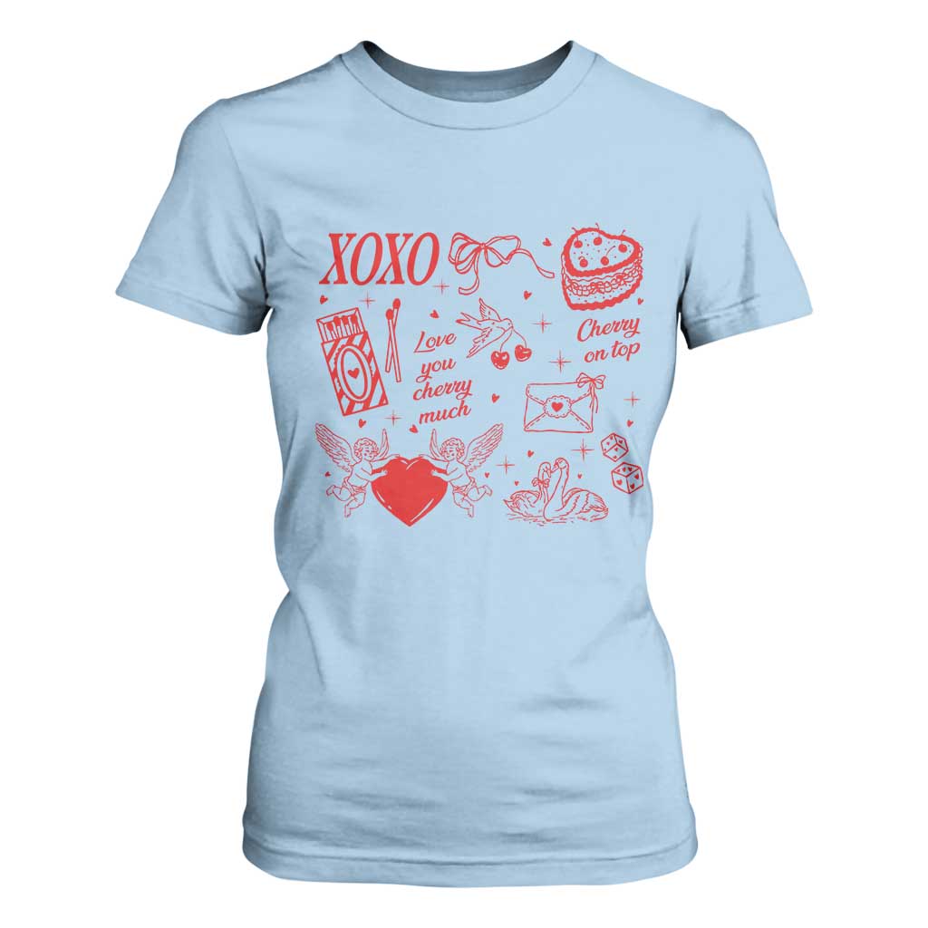 Xoxo Valentines Day T Shirt For Women Love You Cherry Much Vintage Coquette TS11 Light Blue Print Your Wear