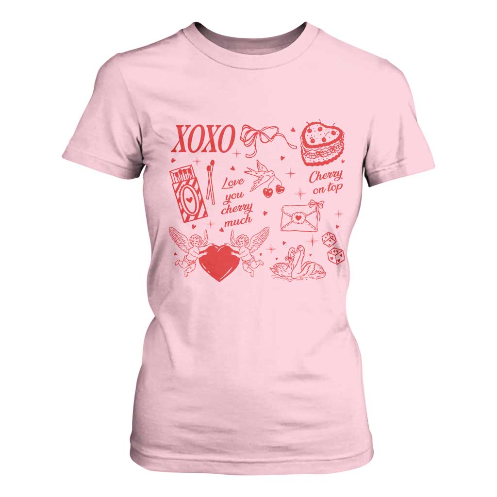 Xoxo Valentines Day T Shirt For Women Love You Cherry Much Vintage Coquette TS11 Light Pink Print Your Wear