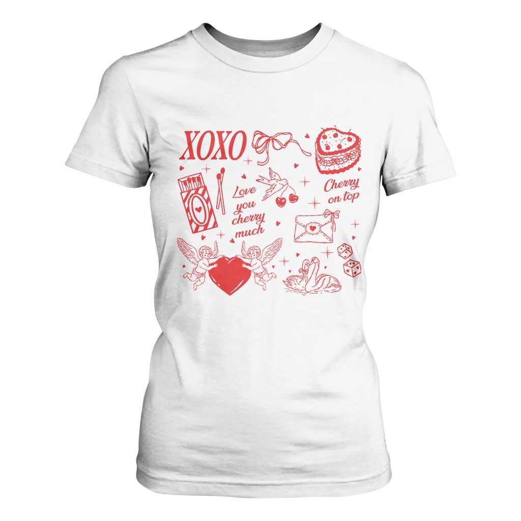 Xoxo Valentines Day T Shirt For Women Love You Cherry Much Vintage Coquette TS11 White Print Your Wear