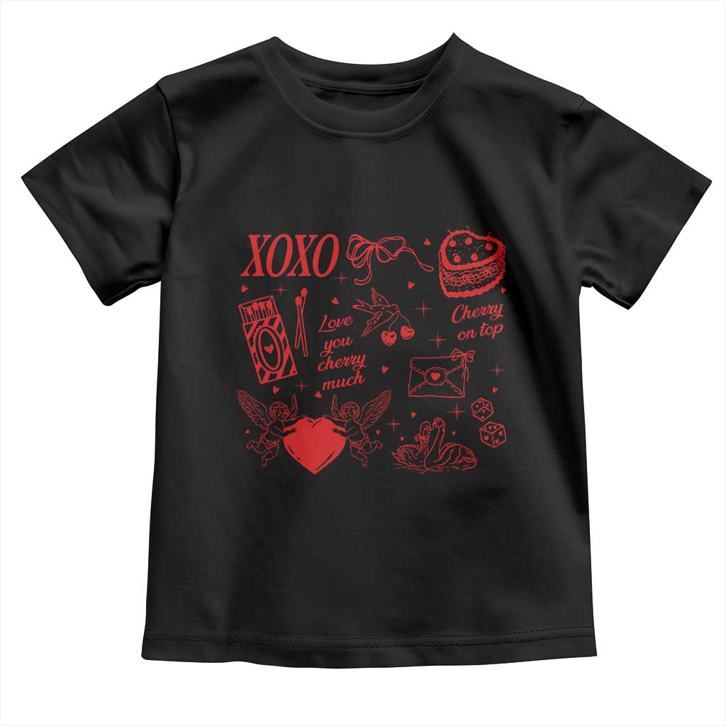 Xoxo Valentines Day Toddler T Shirt Love You Cherry Much Vintage Coquette TS11 Black Print Your Wear