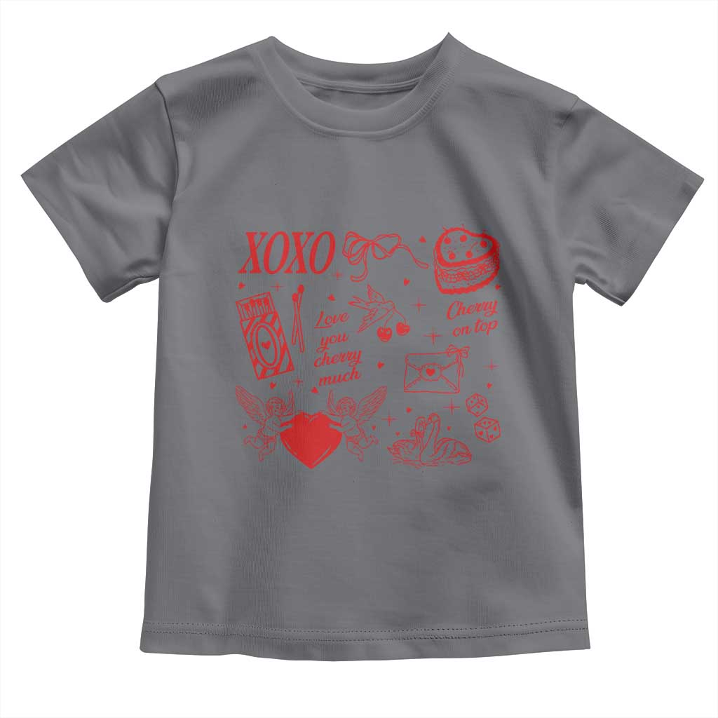 Xoxo Valentines Day Toddler T Shirt Love You Cherry Much Vintage Coquette TS11 Charcoal Print Your Wear