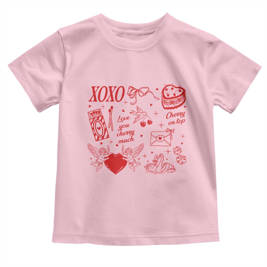 Xoxo Valentines Day Toddler T Shirt Love You Cherry Much Vintage Coquette TS11 Light Pink Print Your Wear