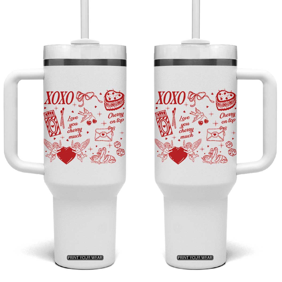 Xoxo Valentines Day Tumbler With Handle Love You Cherry Much Vintage Coquette TS11 One Size: 40 oz White Print Your Wear