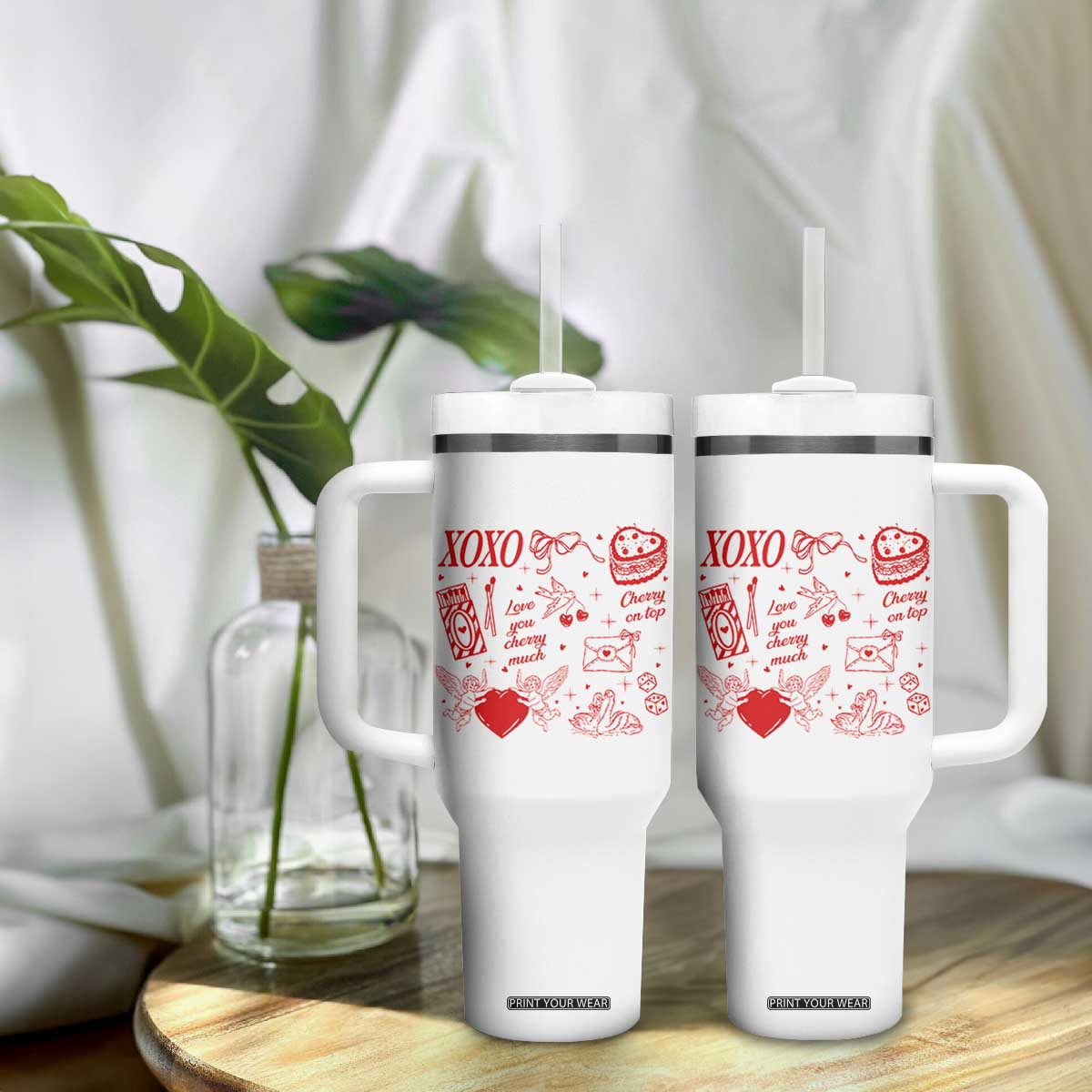 Xoxo Valentines Day Tumbler With Handle Love You Cherry Much Vintage Coquette TS11 Print Your Wear