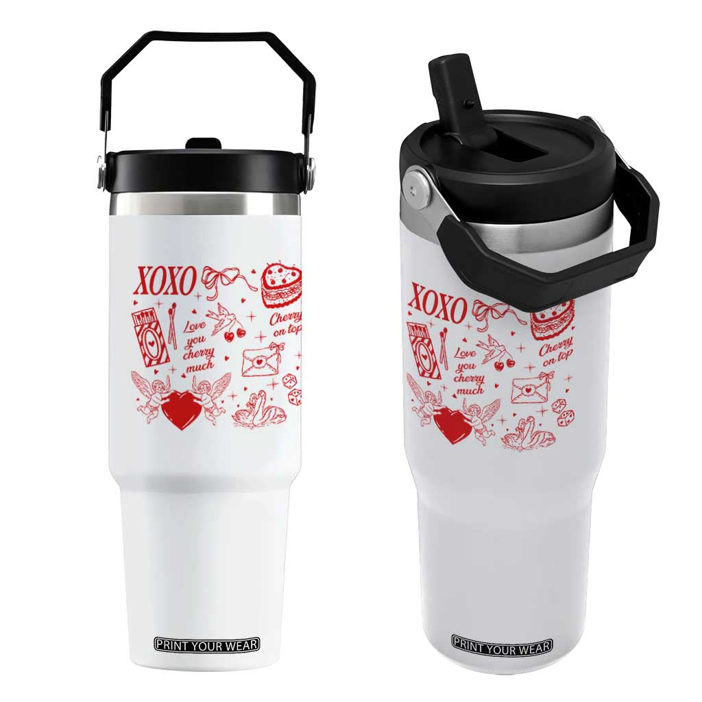 Xoxo Valentines Day Flip Straw Tumbler Love You Cherry Much Vintage Coquette TS11 One Size: 30 oz White Print Your Wear