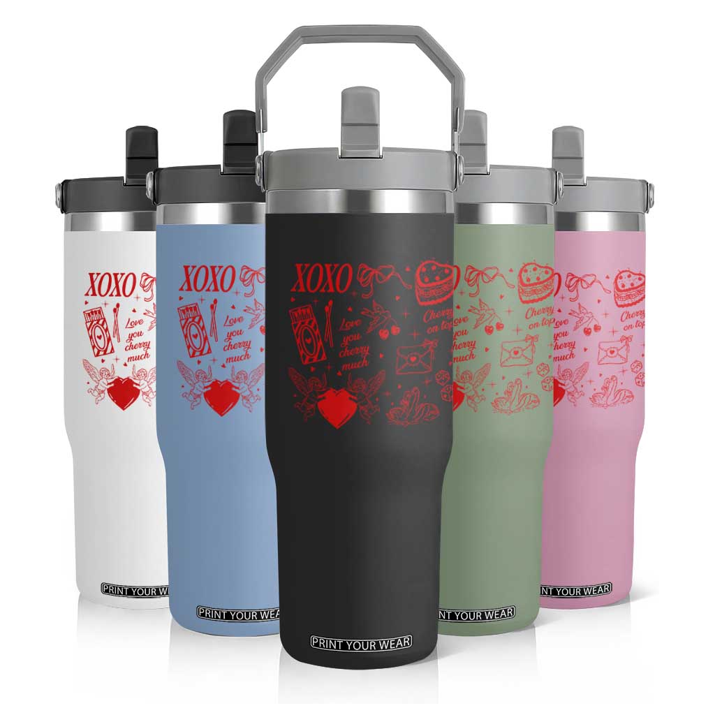 Xoxo Valentines Day Flip Straw Tumbler Love You Cherry Much Vintage Coquette TS11 Print Your Wear