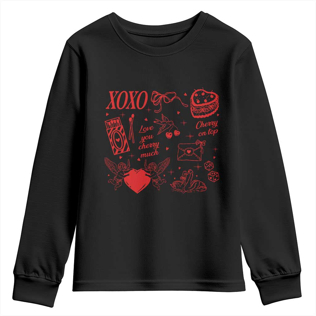 Xoxo Valentines Day Youth Sweatshirt Love You Cherry Much Vintage Coquette TS11 Black Print Your Wear
