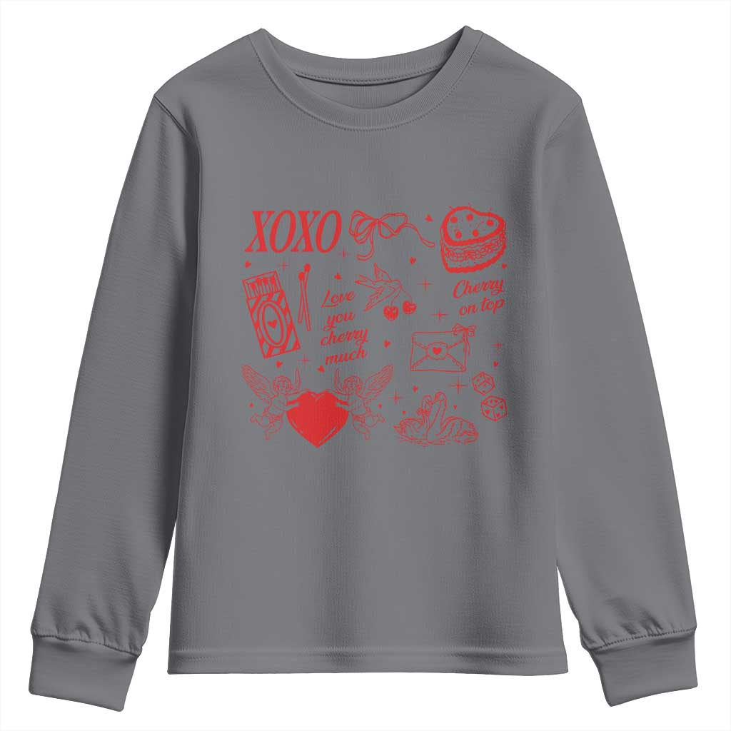 Xoxo Valentines Day Youth Sweatshirt Love You Cherry Much Vintage Coquette TS11 Charcoal Print Your Wear