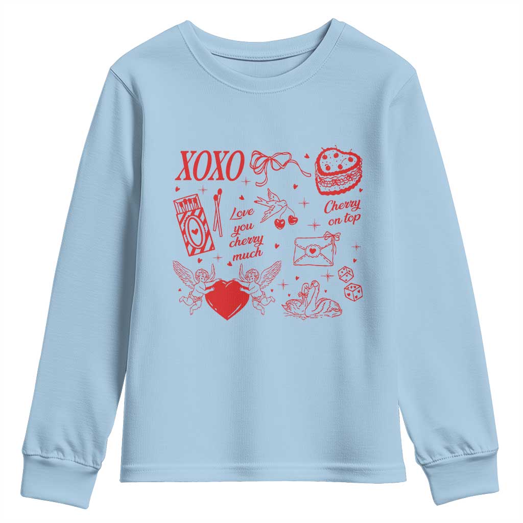 Xoxo Valentines Day Youth Sweatshirt Love You Cherry Much Vintage Coquette TS11 Light Blue Print Your Wear
