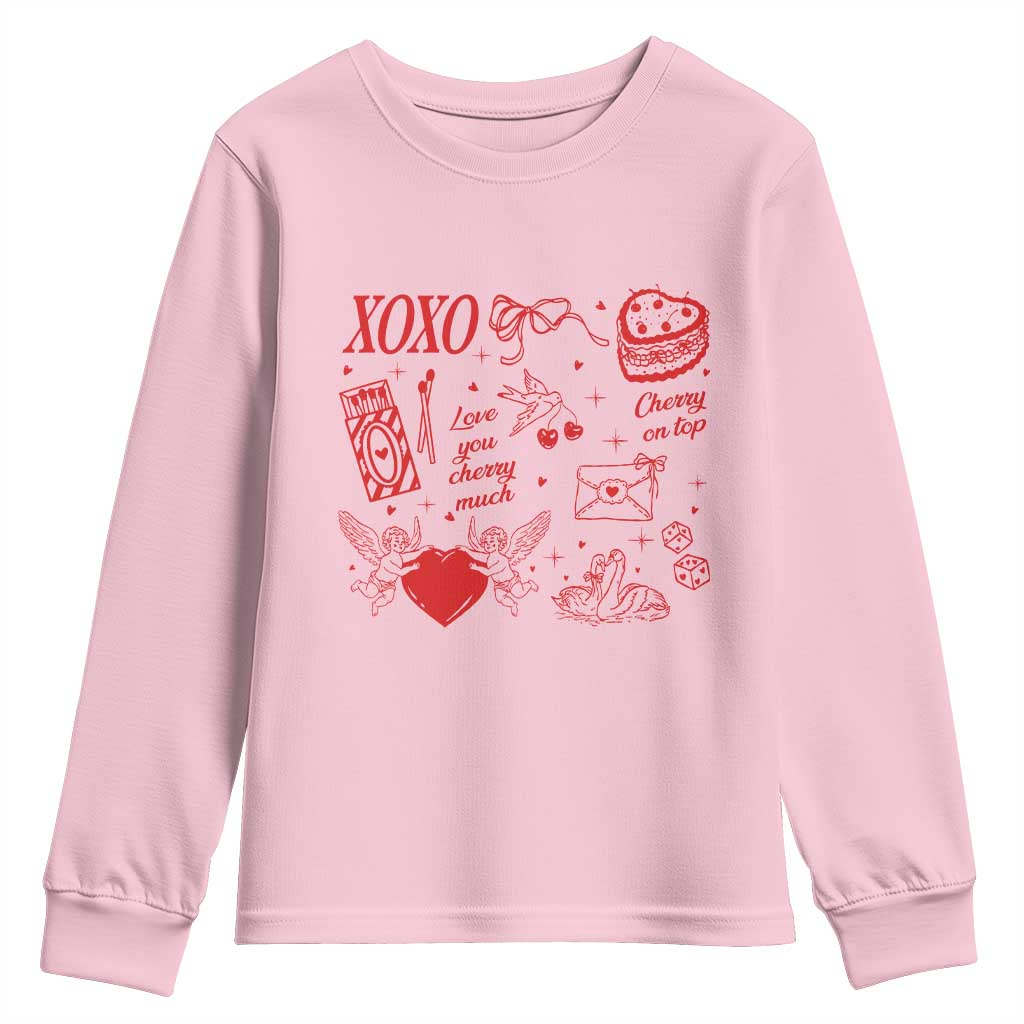 Xoxo Valentines Day Youth Sweatshirt Love You Cherry Much Vintage Coquette TS11 Light Pink Print Your Wear