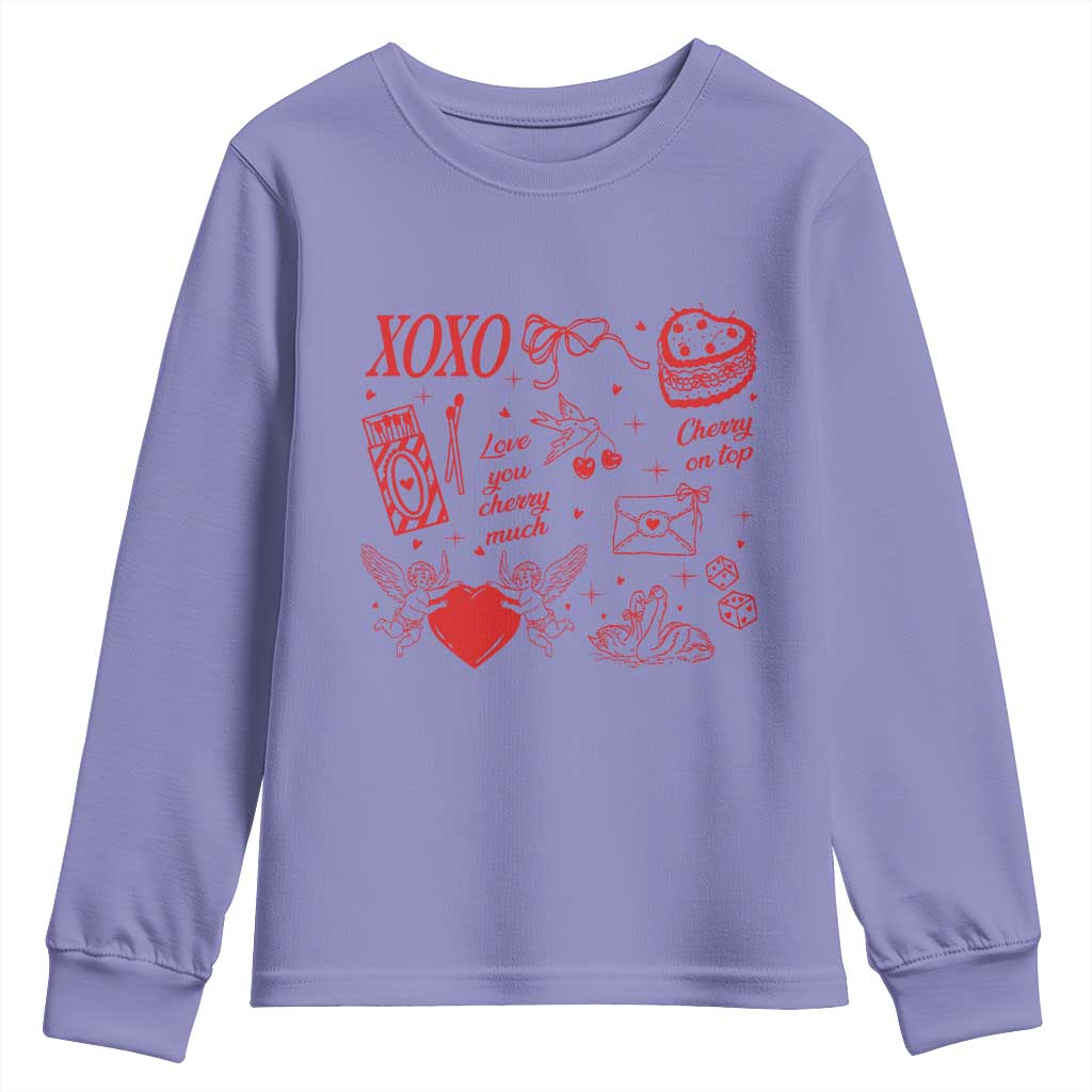 Xoxo Valentines Day Youth Sweatshirt Love You Cherry Much Vintage Coquette TS11 Violet Print Your Wear