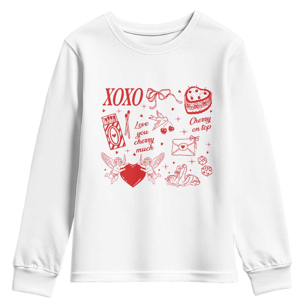 Xoxo Valentines Day Youth Sweatshirt Love You Cherry Much Vintage Coquette TS11 White Print Your Wear