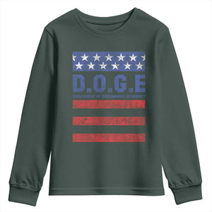 Trump Musk DOGE Youth Sweatshirt Department Of Government Efficiency Vintage American Flag Stripes TS11 Dark Forest Green Print Your Wear