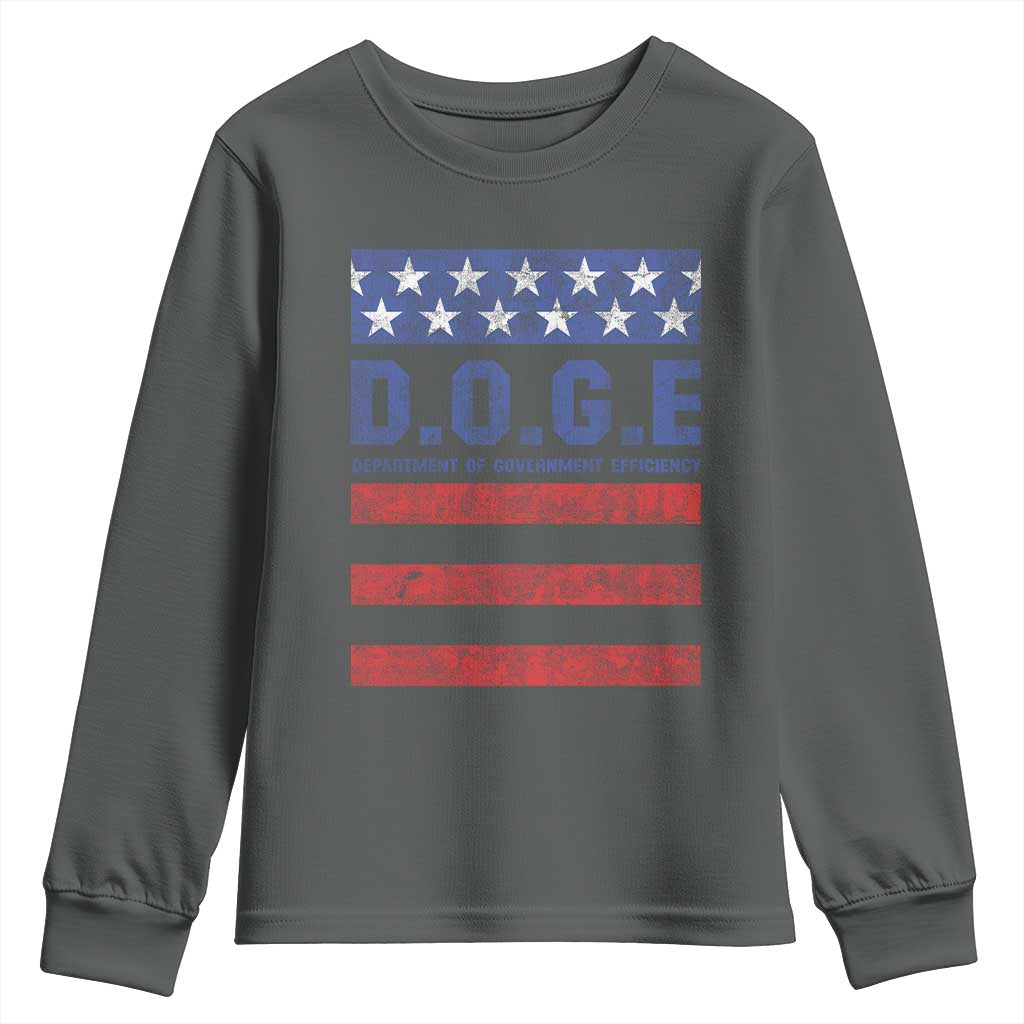 Trump Musk DOGE Youth Sweatshirt Department Of Government Efficiency Vintage American Flag Stripes TS11 Dark Heather Print Your Wear