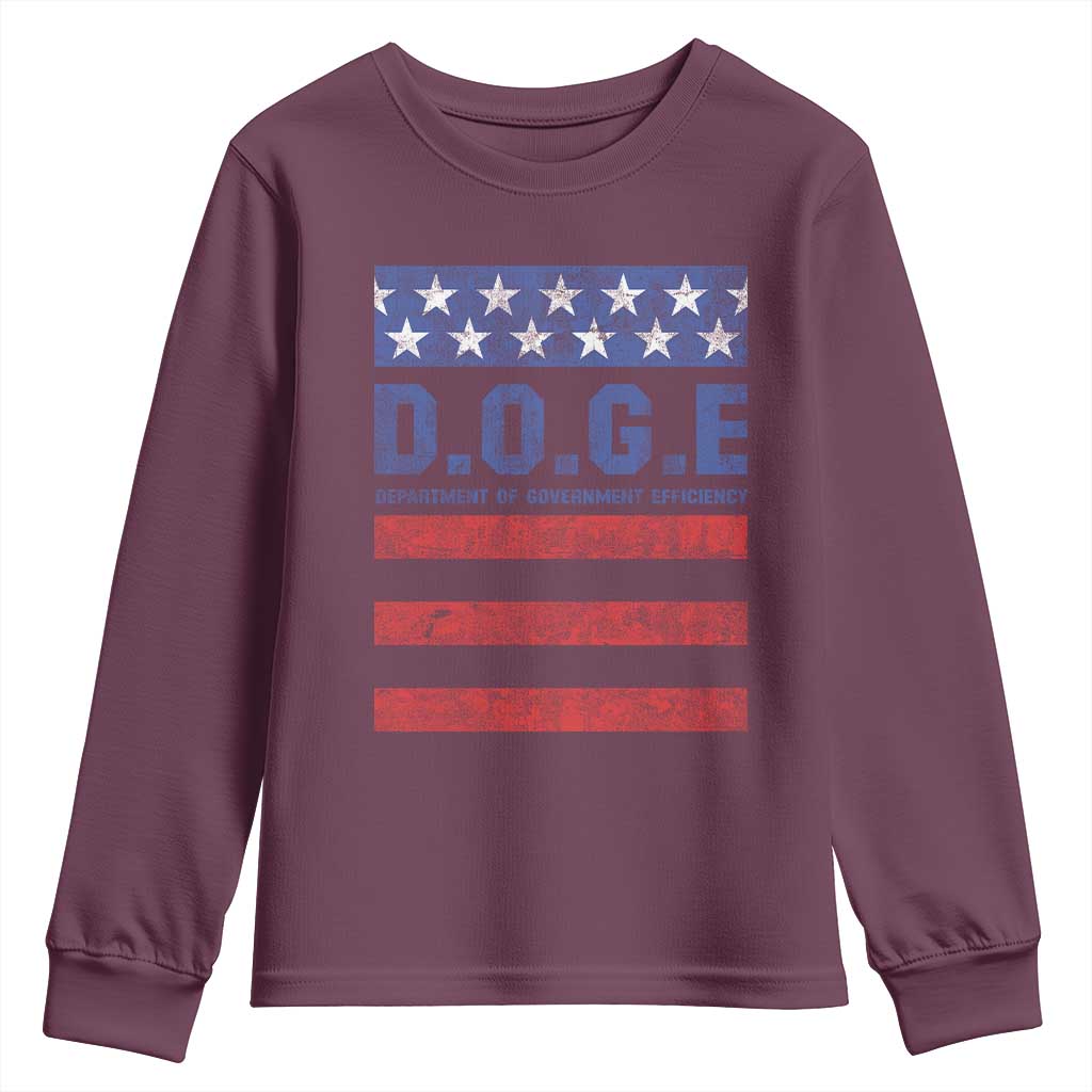 Trump Musk DOGE Youth Sweatshirt Department Of Government Efficiency Vintage American Flag Stripes TS11 Maroon Print Your Wear
