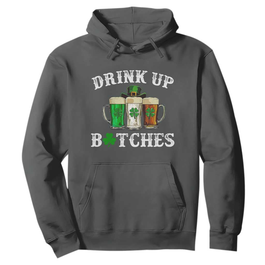 Funny St Patrick's Day Irish Beer Drinking Hoodie Drink Up Bitches Ireland Flag TS11 Dark Heather Print Your Wear