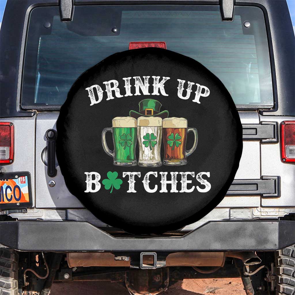 Funny St Patrick's Day Irish Beer Drinking Spare Tire Cover Drink Up Bitches Ireland Flag TS11 No hole Black Print Your Wear