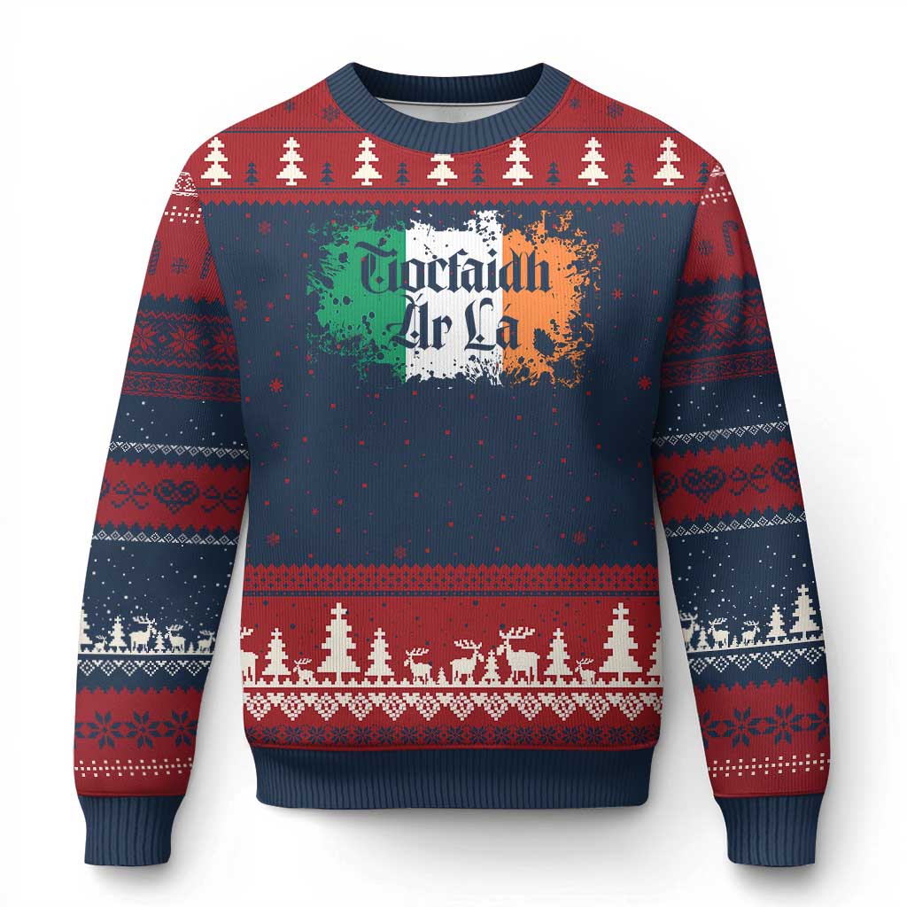Tiocfaidh Ar La Ugly Christmas Sweater Vintage Irish Ireland Flag TS11 Navy Red Print Your Wear