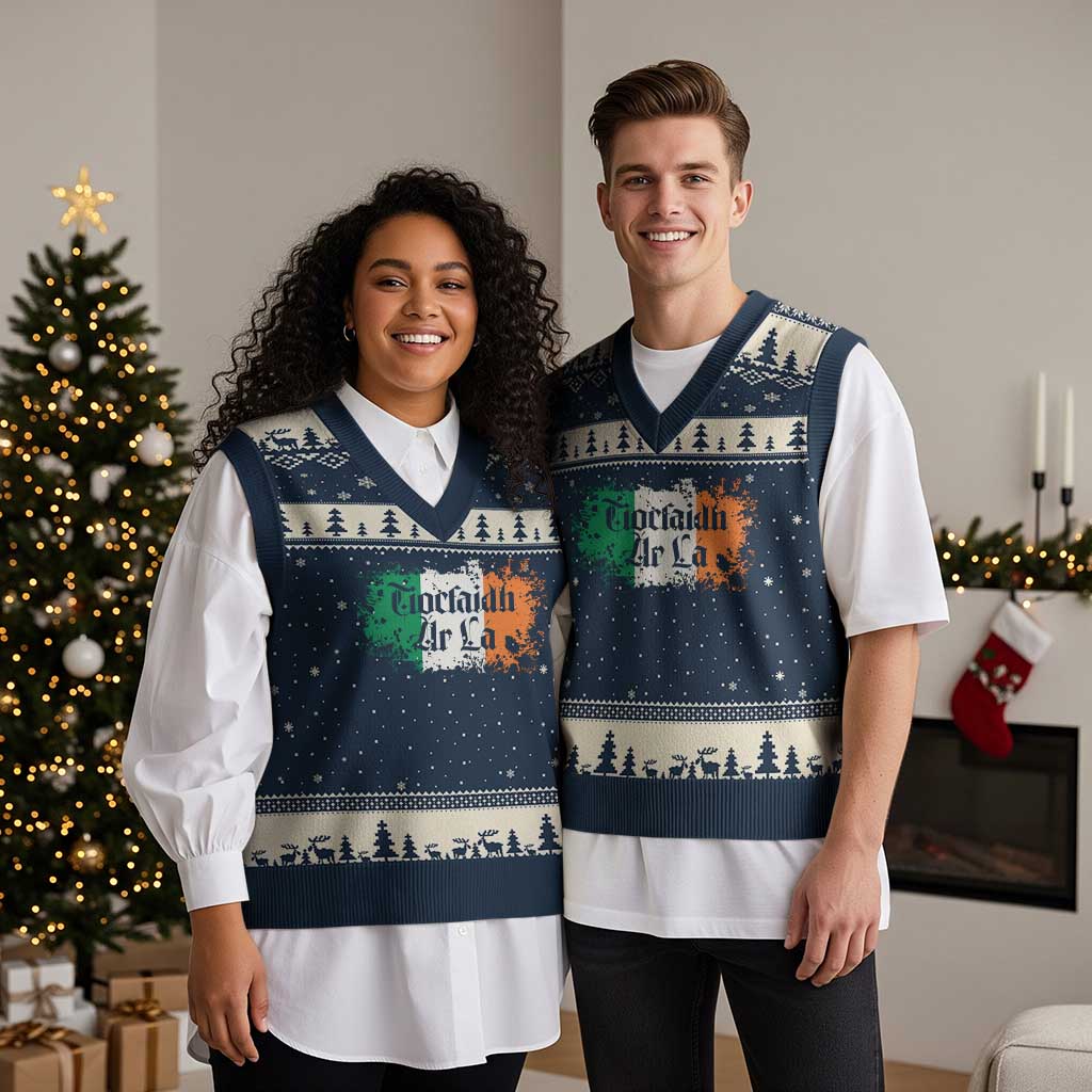 Tiocfaidh Ar La V-Neck Knit Sweater Vest Vintage Irish Ireland Flag TS11 Navy Beige Print Your Wear
