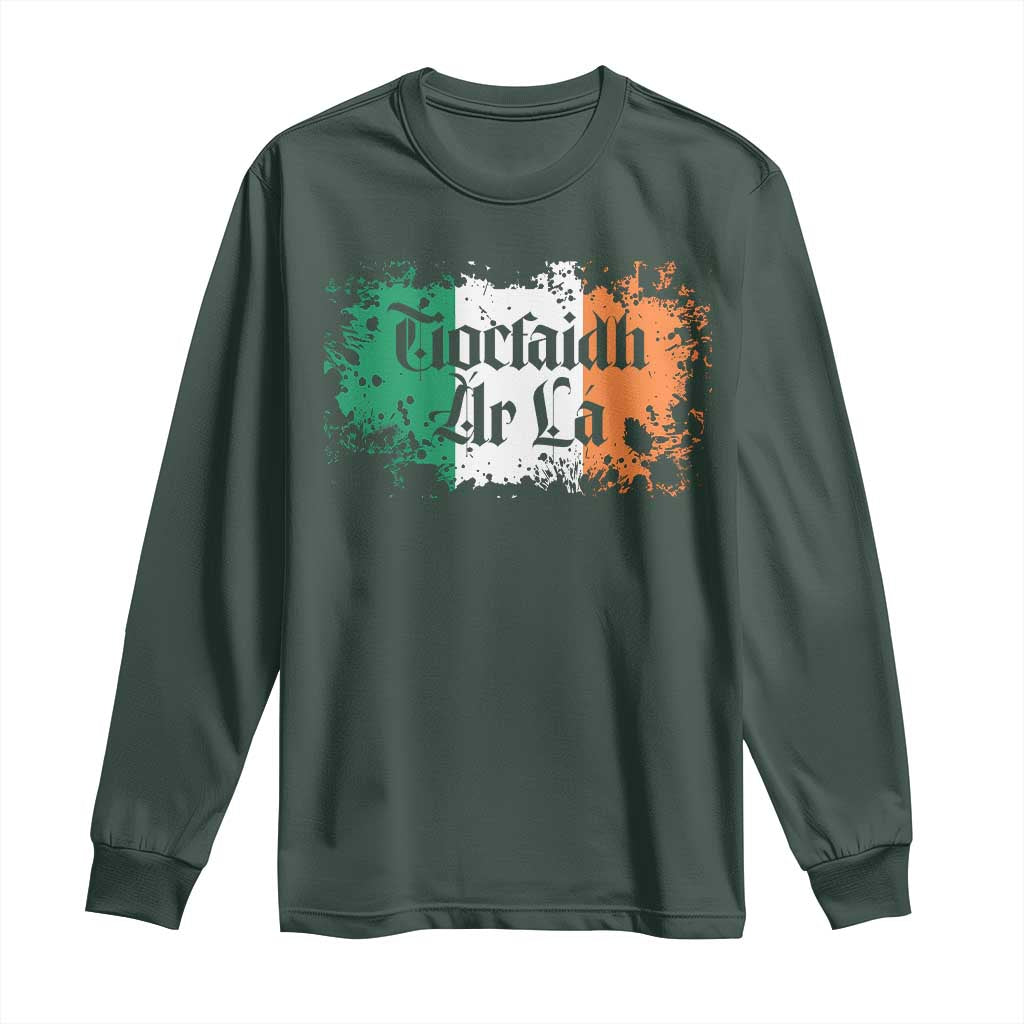 Tiocfaidh Ar La Long Sleeve Shirt Vintage Irish Ireland Flag TS11 Dark Forest Green Print Your Wear