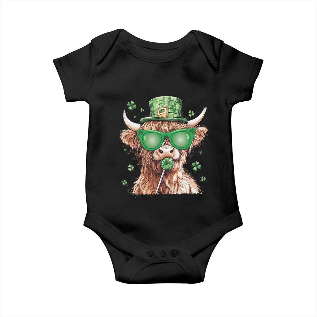 Funny St Patrick's Day Highland Cow Shamrock Baby Onesie TS11 Black Print Your Wear