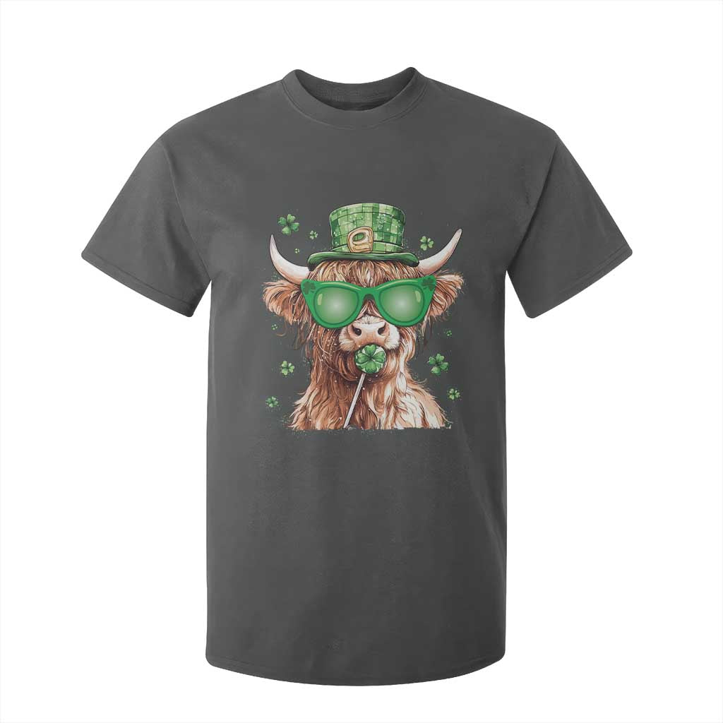 Funny St Patrick's Day Highland Cow Shamrock T Shirt For Kid TS11 Dark Heather Print Your Wear