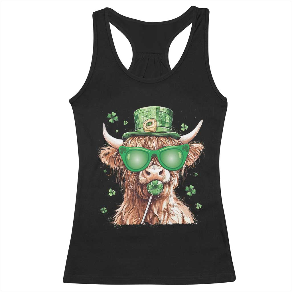 Funny St Patrick's Day Highland Cow Shamrock Racerback Tank Top TS11 Black Print Your Wear