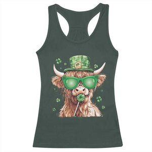 Funny St Patrick's Day Highland Cow Shamrock Racerback Tank Top TS11 Dark Forest Green Print Your Wear