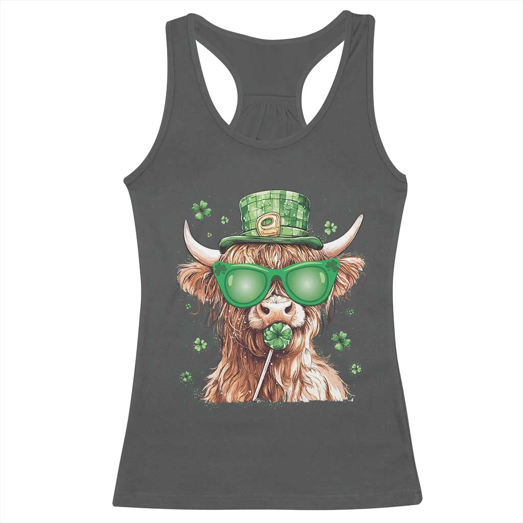 Funny St Patrick's Day Highland Cow Shamrock Racerback Tank Top TS11 Dark Heather Print Your Wear