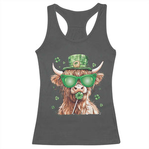 Funny St Patrick's Day Highland Cow Shamrock Racerback Tank Top TS11 Dark Heather Print Your Wear