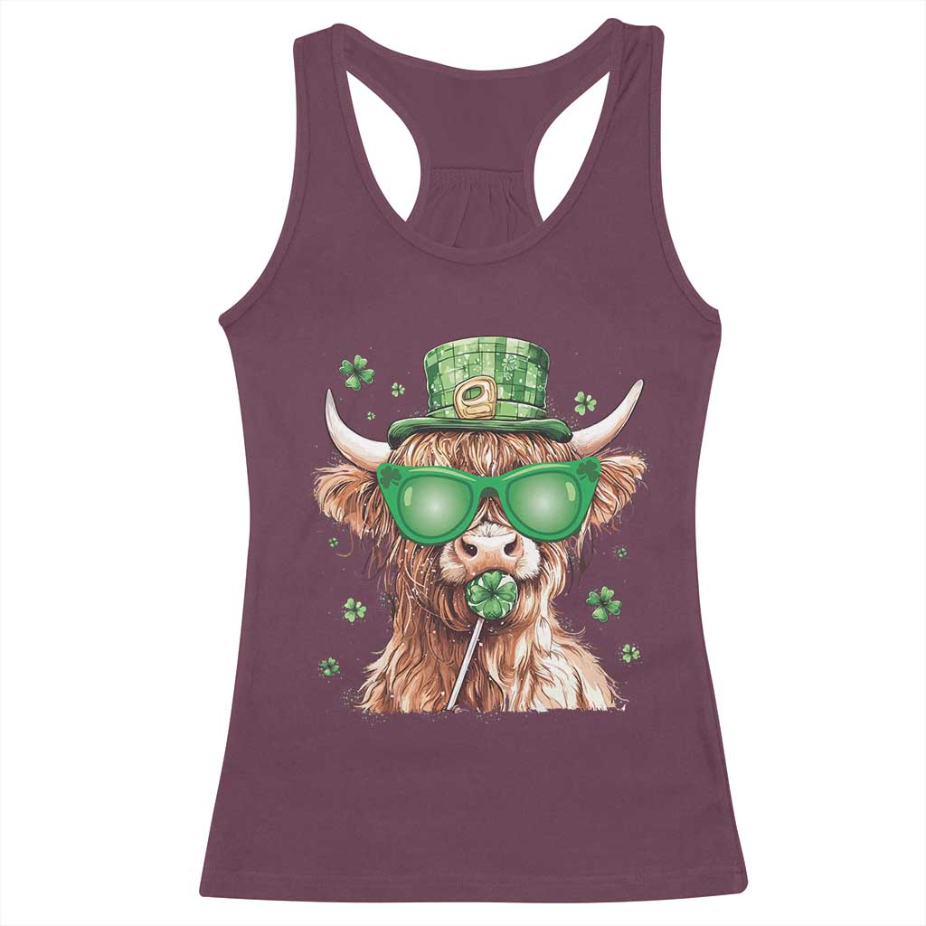 Funny St Patrick's Day Highland Cow Shamrock Racerback Tank Top TS11 Maroon Print Your Wear