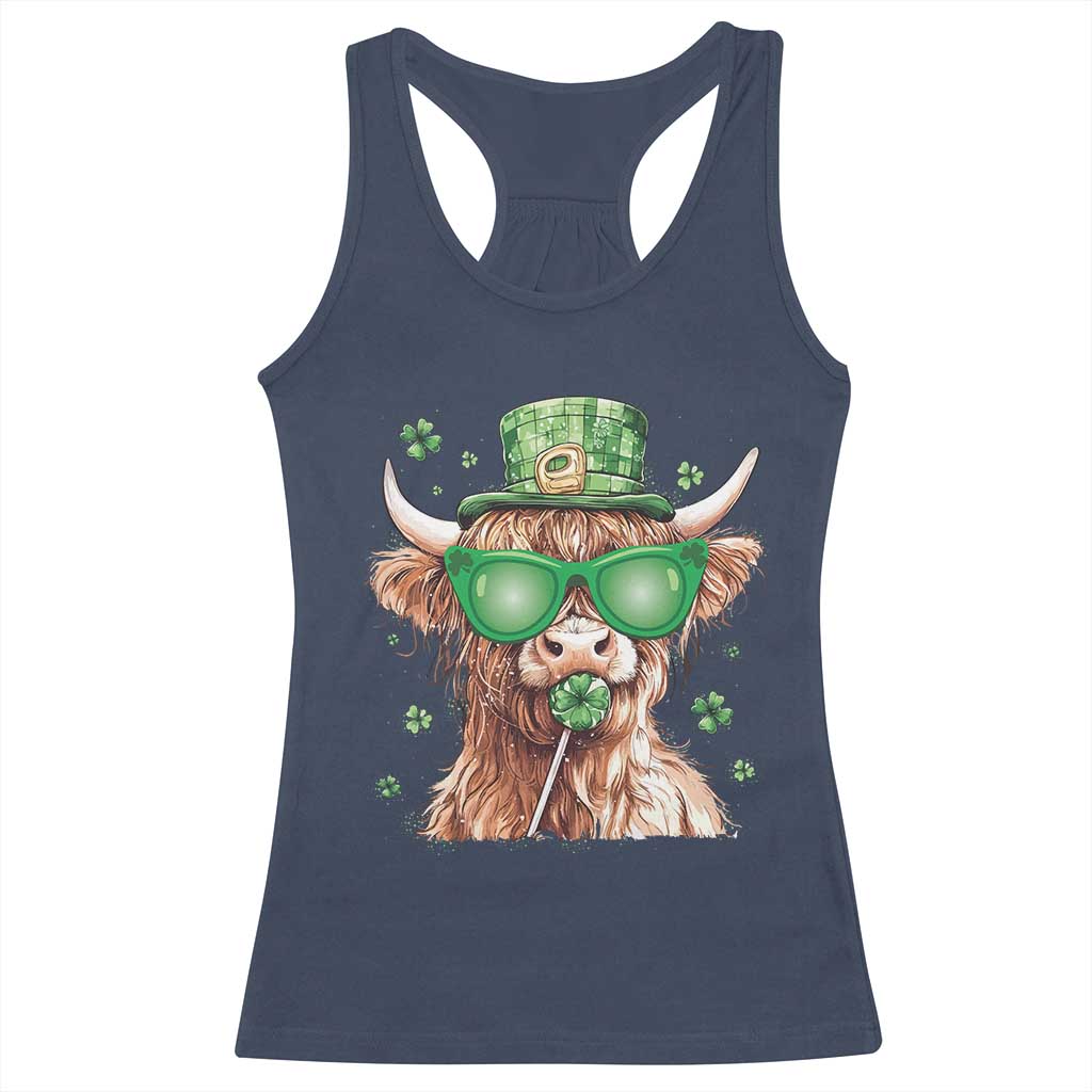 Funny St Patrick's Day Highland Cow Shamrock Racerback Tank Top TS11 Navy Print Your Wear