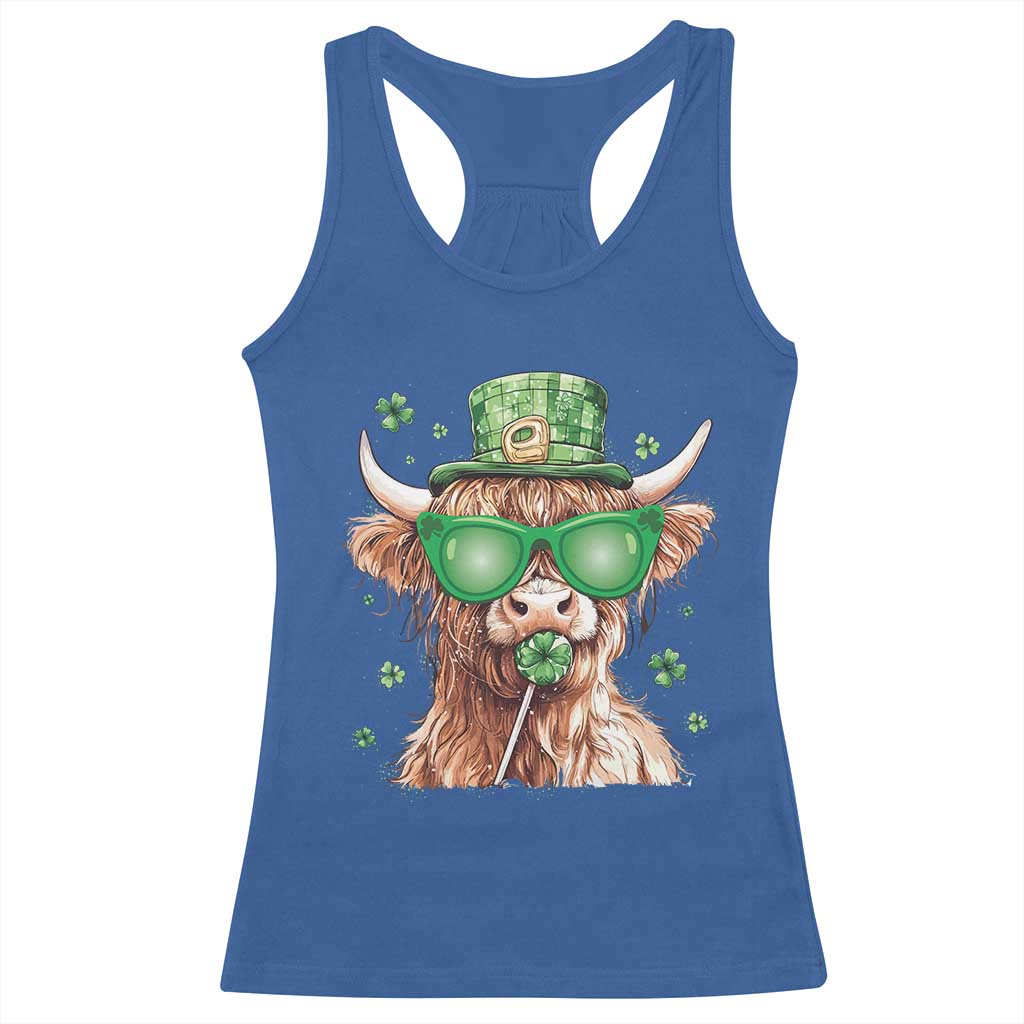 Funny St Patrick's Day Highland Cow Shamrock Racerback Tank Top TS11 Royal Blue Print Your Wear