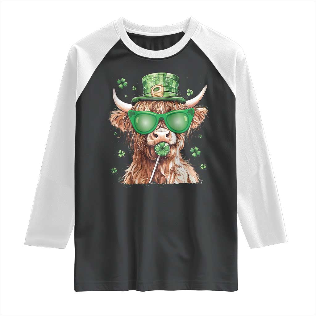 Funny St Patrick's Day Highland Cow Shamrock Raglan Shirt TS11 Black White Print Your Wear