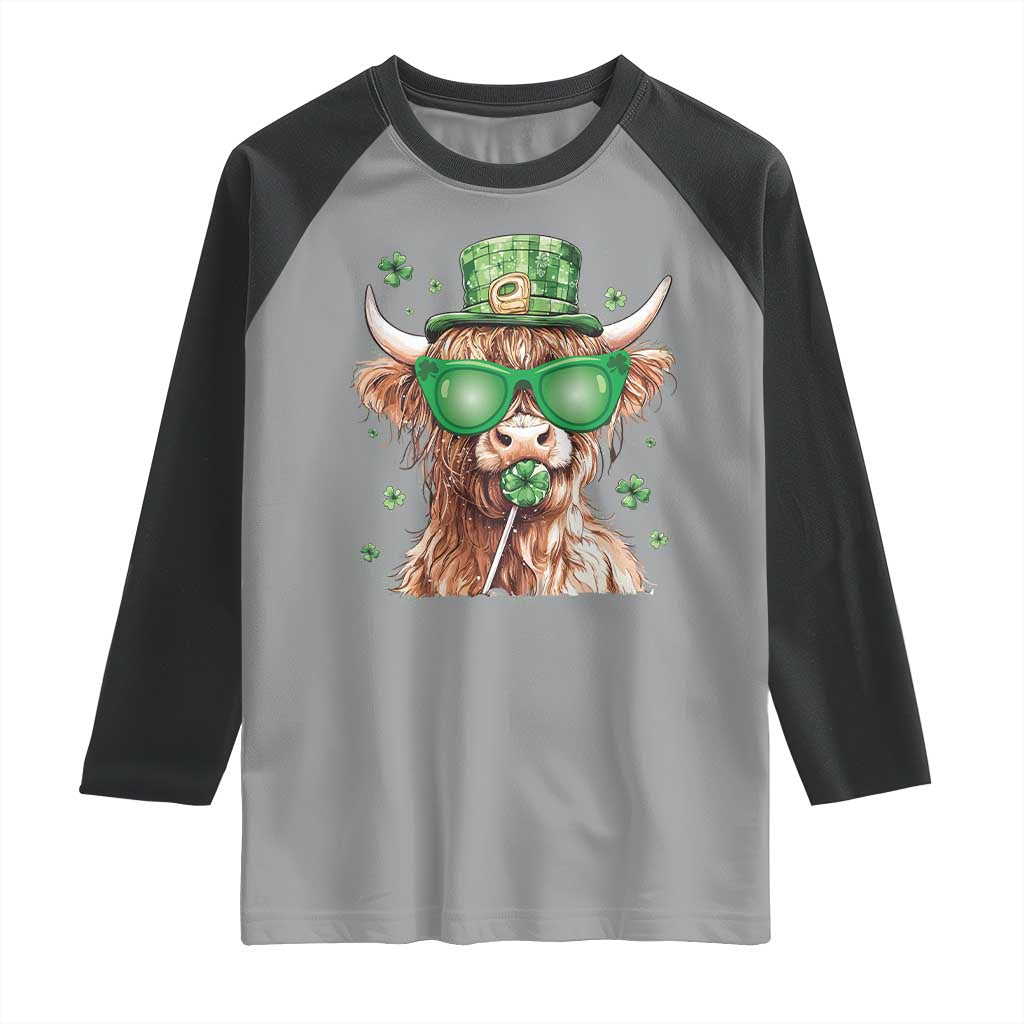 Funny St Patrick's Day Highland Cow Shamrock Raglan Shirt TS11 Sport Gray Black Print Your Wear