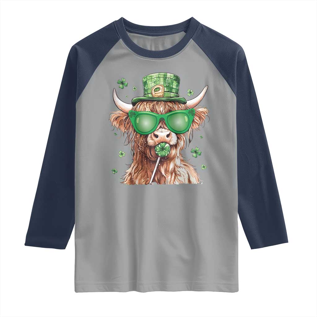 Funny St Patrick's Day Highland Cow Shamrock Raglan Shirt TS11 Sport Gray Navy Print Your Wear