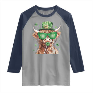 Funny St Patrick's Day Highland Cow Shamrock Raglan Shirt TS11 Sport Gray Navy Print Your Wear